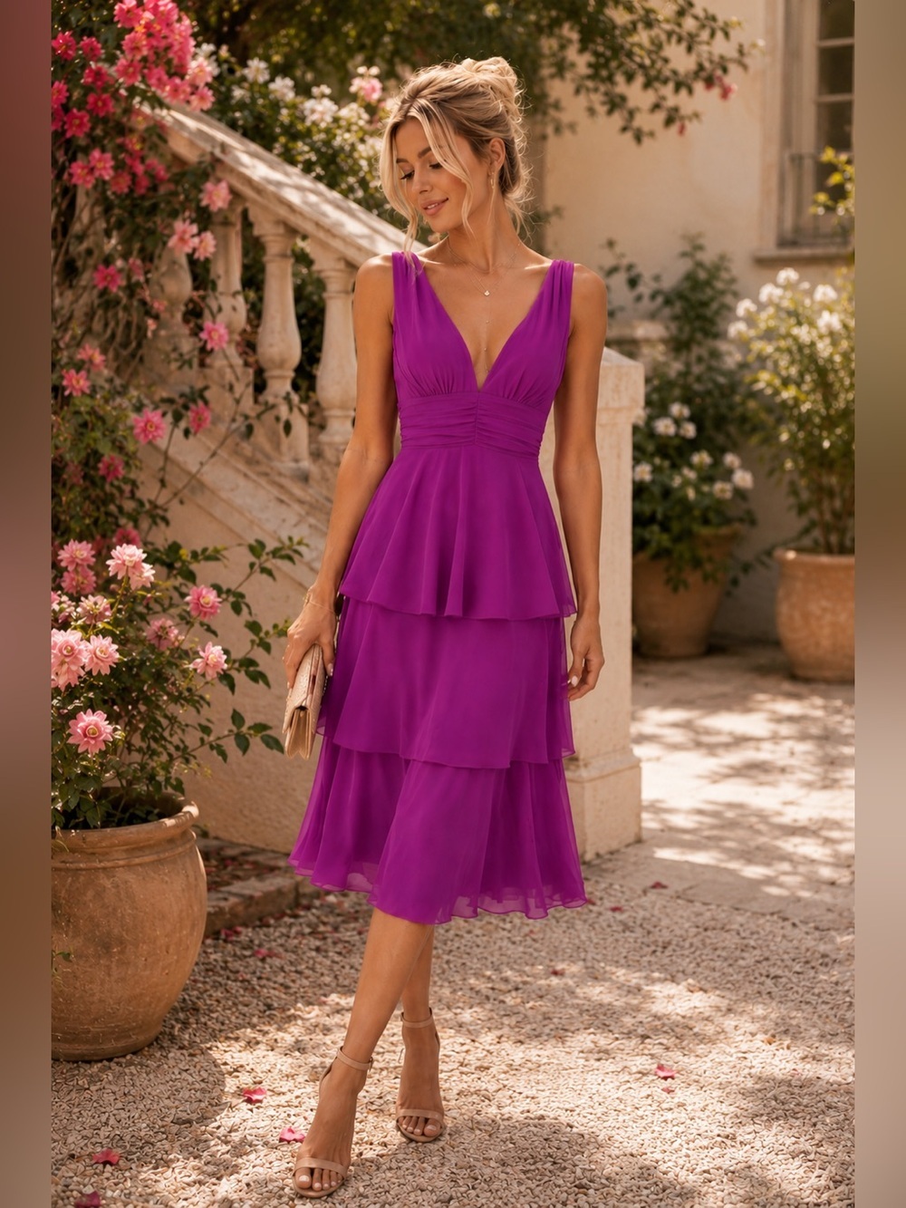 Lulu's S Purple Tiered V-Neck Midi Dress wedding guest stunner